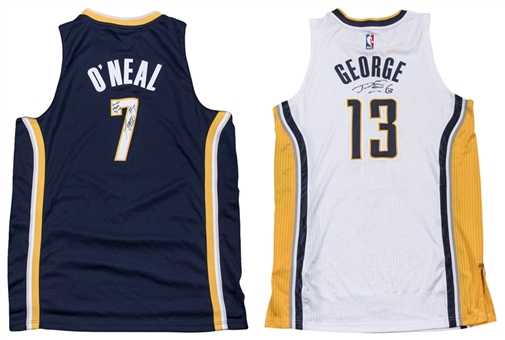 Lot of (2) Indiana Pacers Signed Jerseys - 2014 Paul George Home Game Jersey & Jermaine ONeal Road Jersey (Player LOAs & JSA)